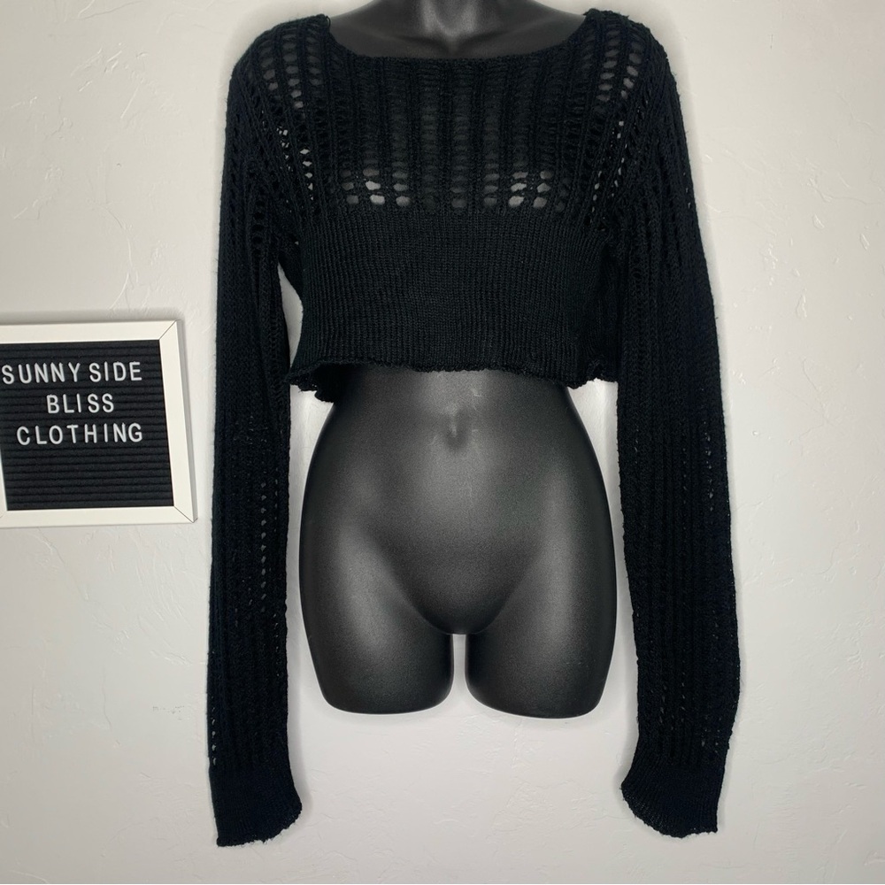 Hot Topic Black Open Knit Cropped Sweater Medium Long Sleeve Grunge Aesthetic - Picture 4 of 12